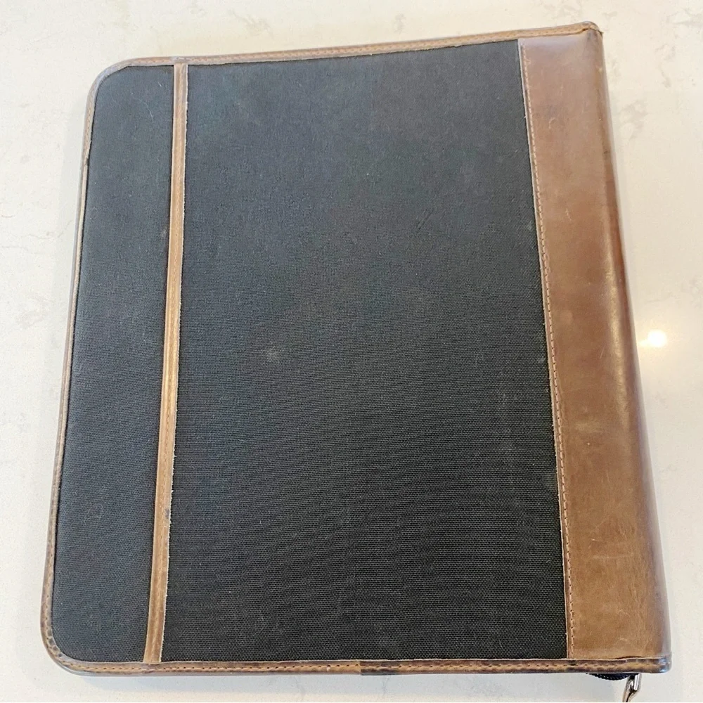Franklin Quest Vintage Zip Planner Green Line Leather Trim & Canvas Zip Inserts